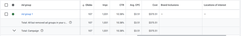 Google Ads campaign performance showing 107 clicks, 10.38% CTR, and $3.51 average cost per click demonstrating improved advertising efficiency