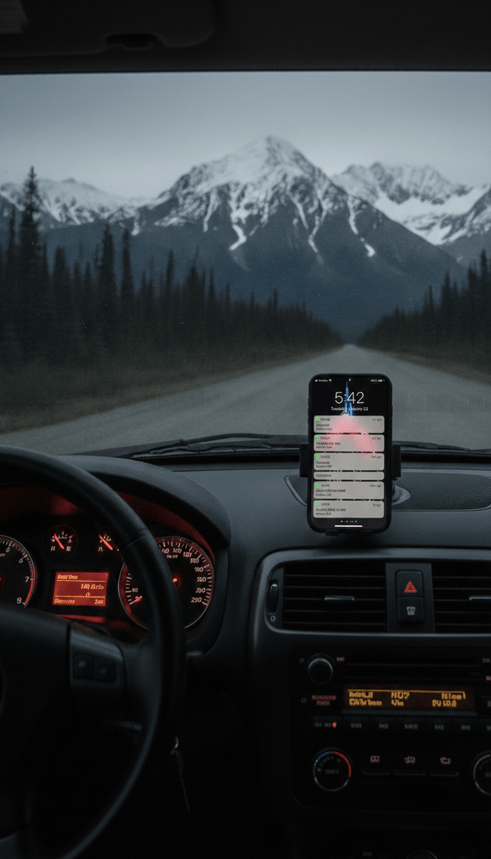 Smartphone on car dashboard showing missed calls and no signal, gravel road through wilderness