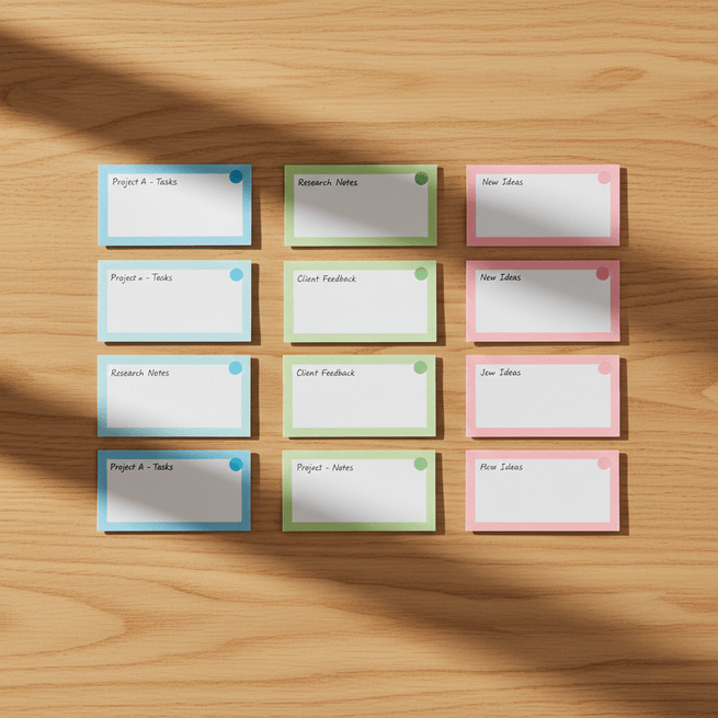 Neatly arranged color-coded index cards on a wooden desk