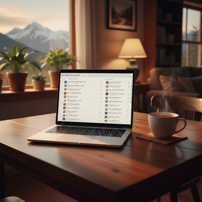 Laptop on kitchen table with booking confirmations, warm evening light