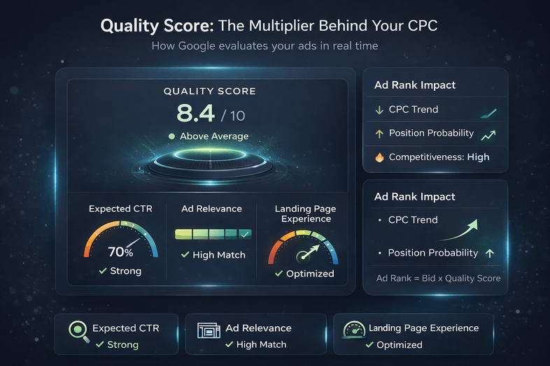 Google Quality Score: six factors (keyword relevancy, click-through rate, landing page, historical performance, relevancy factors, ad relevancy) around the Google logo