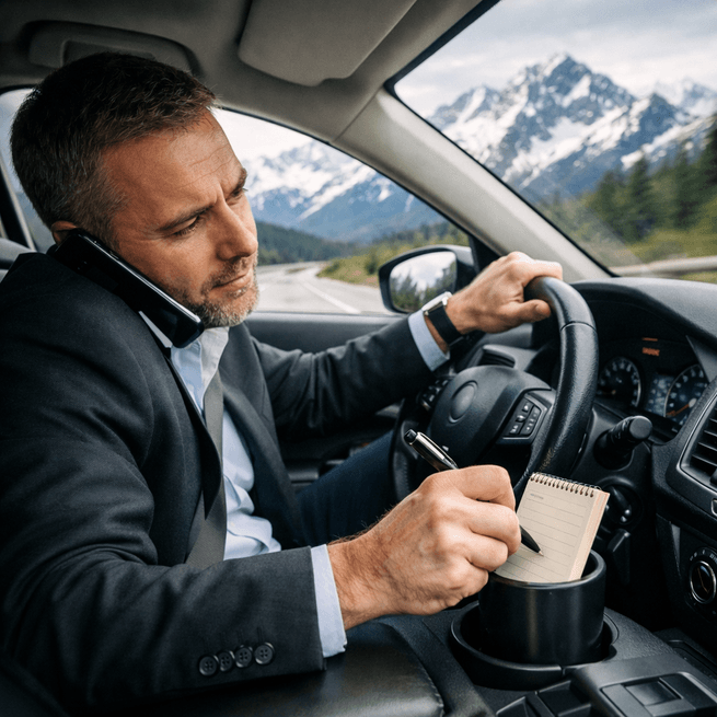Person driving while on a phone call and taking notes, multitasking on the road