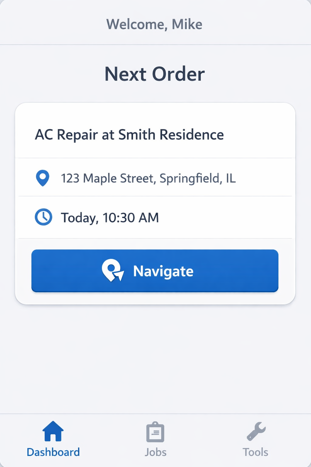 Mobile app showing Next Order: AC repair job with address, time, and Navigate button